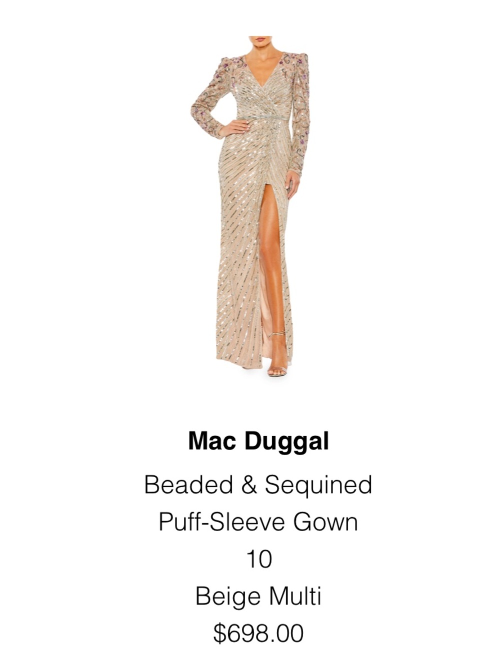 Mac Duggal Champagne-Beige Beaded V-Neck Gown with Puff Sleeves